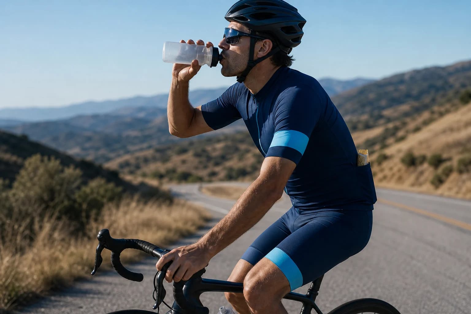 Ciclista tomando una botella durante una salida larga con alimento preparado en el bolsillo del maillot