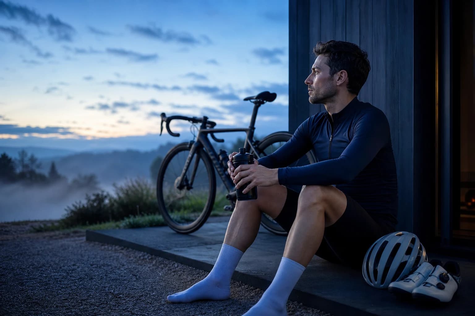 Ciclista descansando al amanecer junto a su bicicleta después de una sesión de entrenamiento