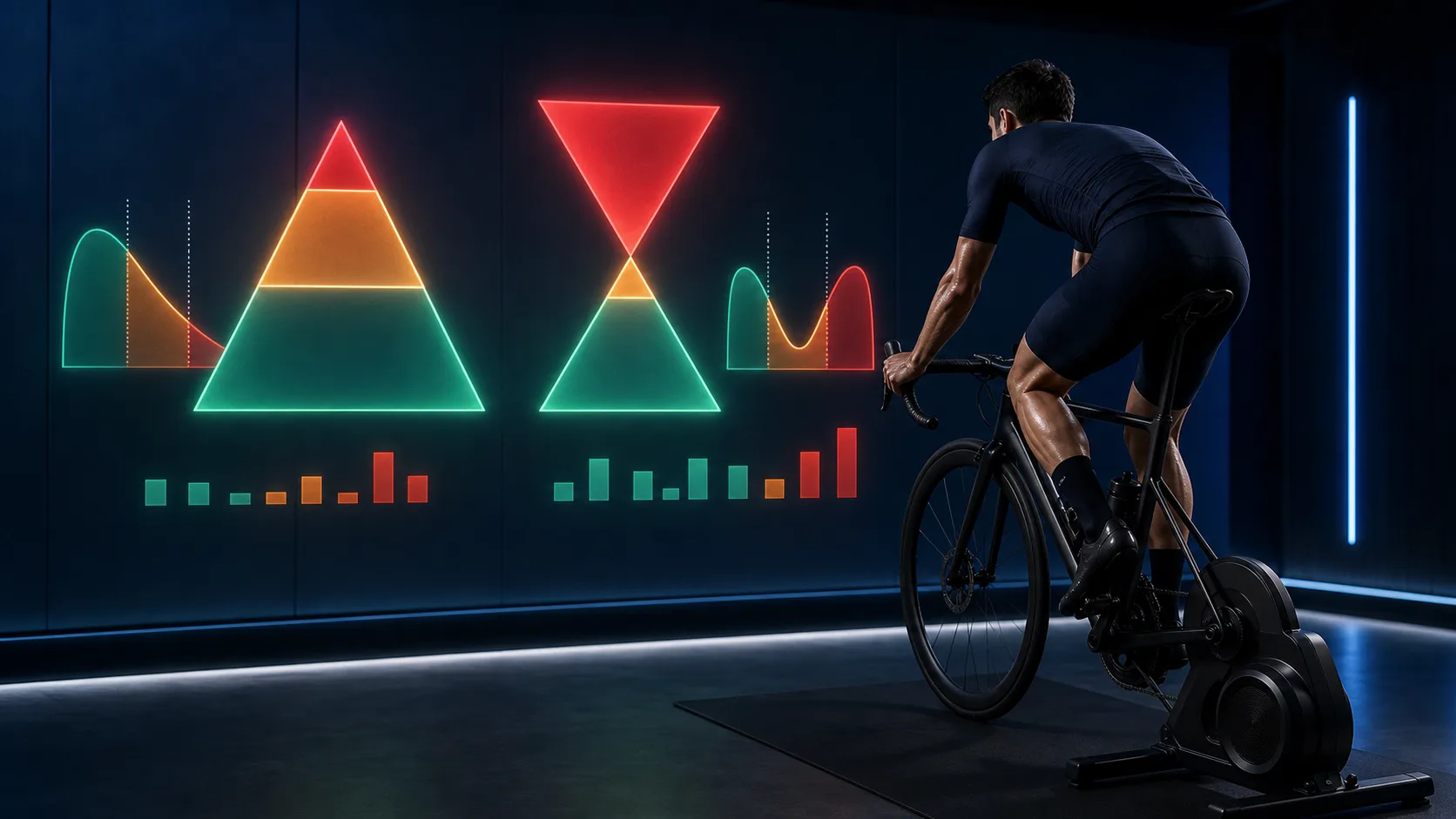 Ciclista entrenando en rodillo frente a un panel técnico con curvas y métricas de potencia