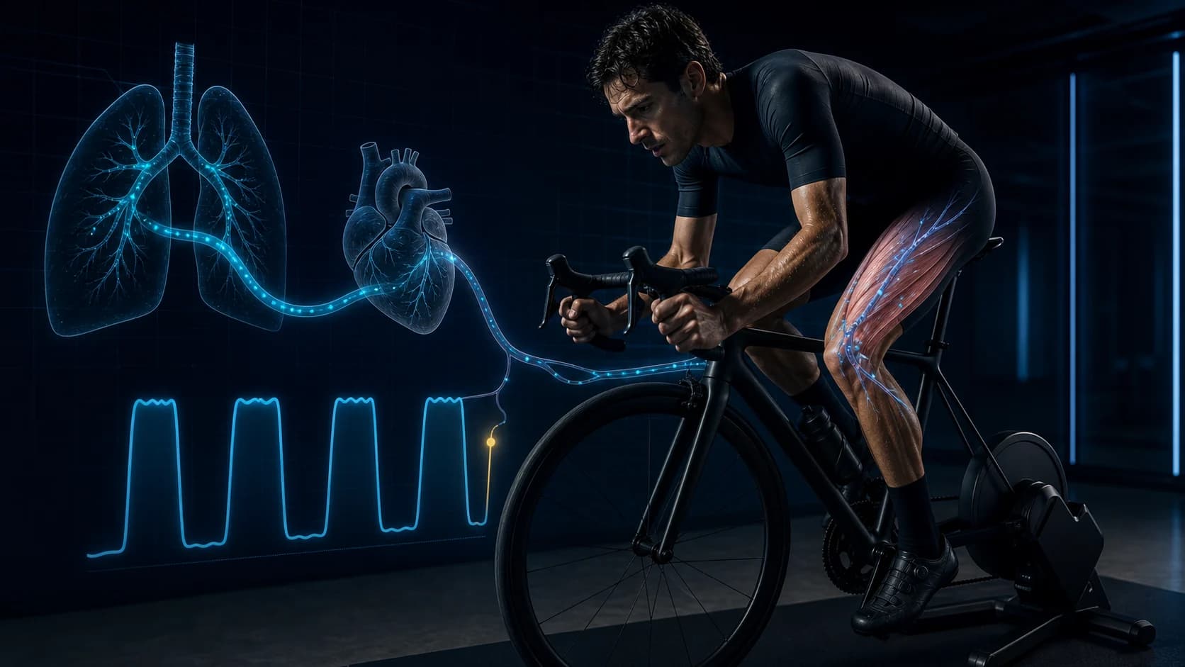 Ciclista ejecutando un intervalo intenso mientras un trazado técnico conecta pulmones, corazón y músculos para representar el transporte de oxígeno