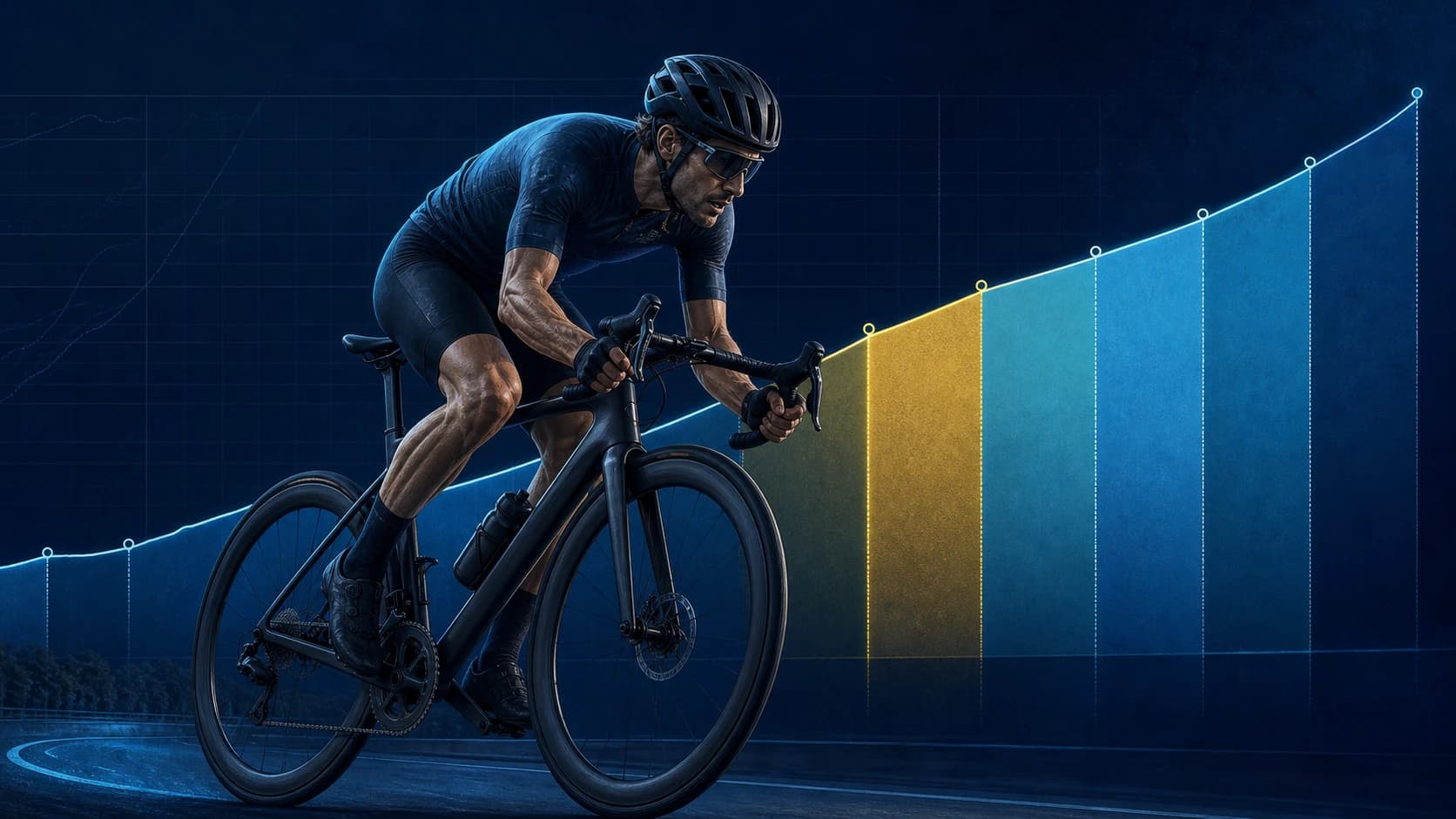 Ciclista de ruta realizando un esfuerzo al umbral frente a una curva de potencia dividida en siete zonas, con el FTP destacado en dorado