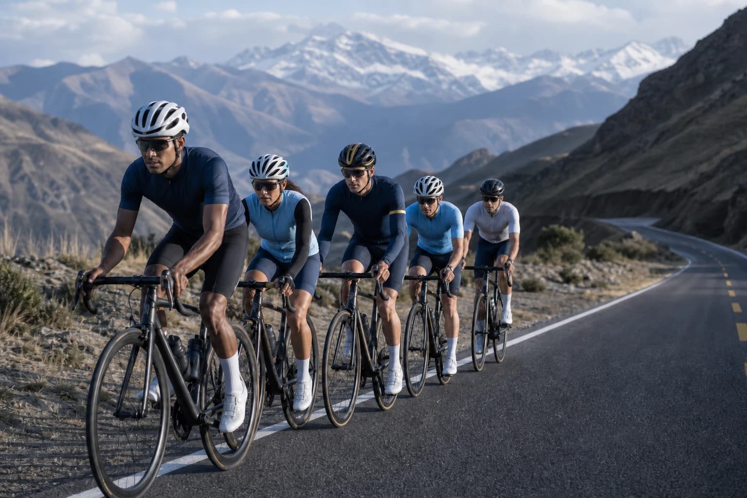 Grupo de ciclistas dosificando el esfuerzo en una carretera de montaña durante un gran fondo