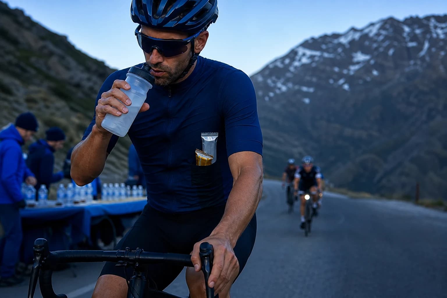 Ciclista bebiendo durante un gran fondo de montaña con su alimentación organizada en los bolsillos del maillot