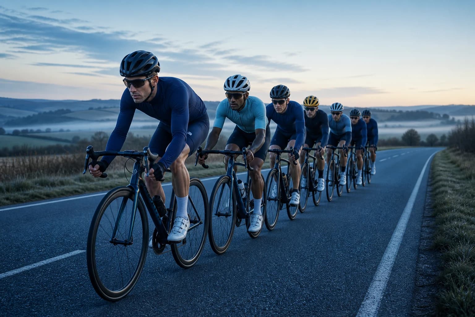 A compact group of cyclists rotating positions on an open road