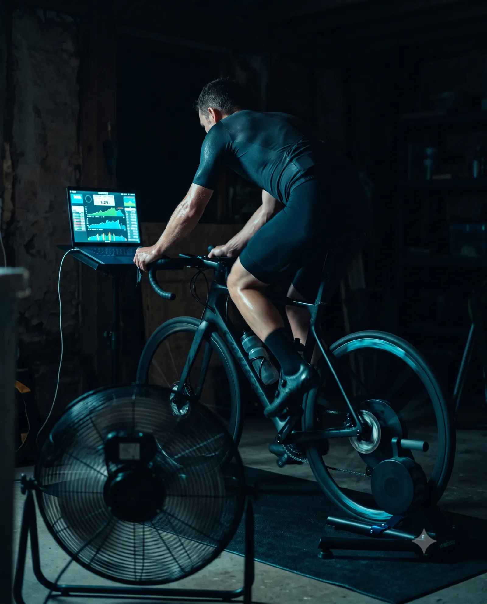 Cyclist training on an indoor trainer at night, laptop screen showing the ride data