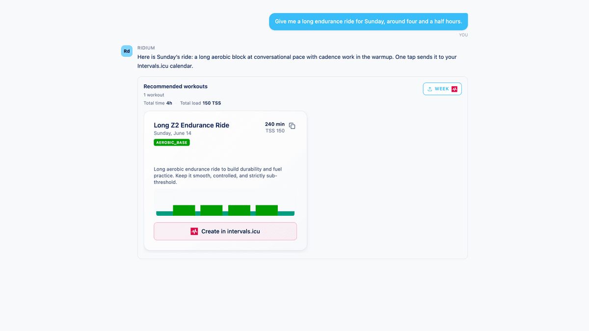 A workout recommendation card with zone-colored steps and the "Add to calendar" action.
