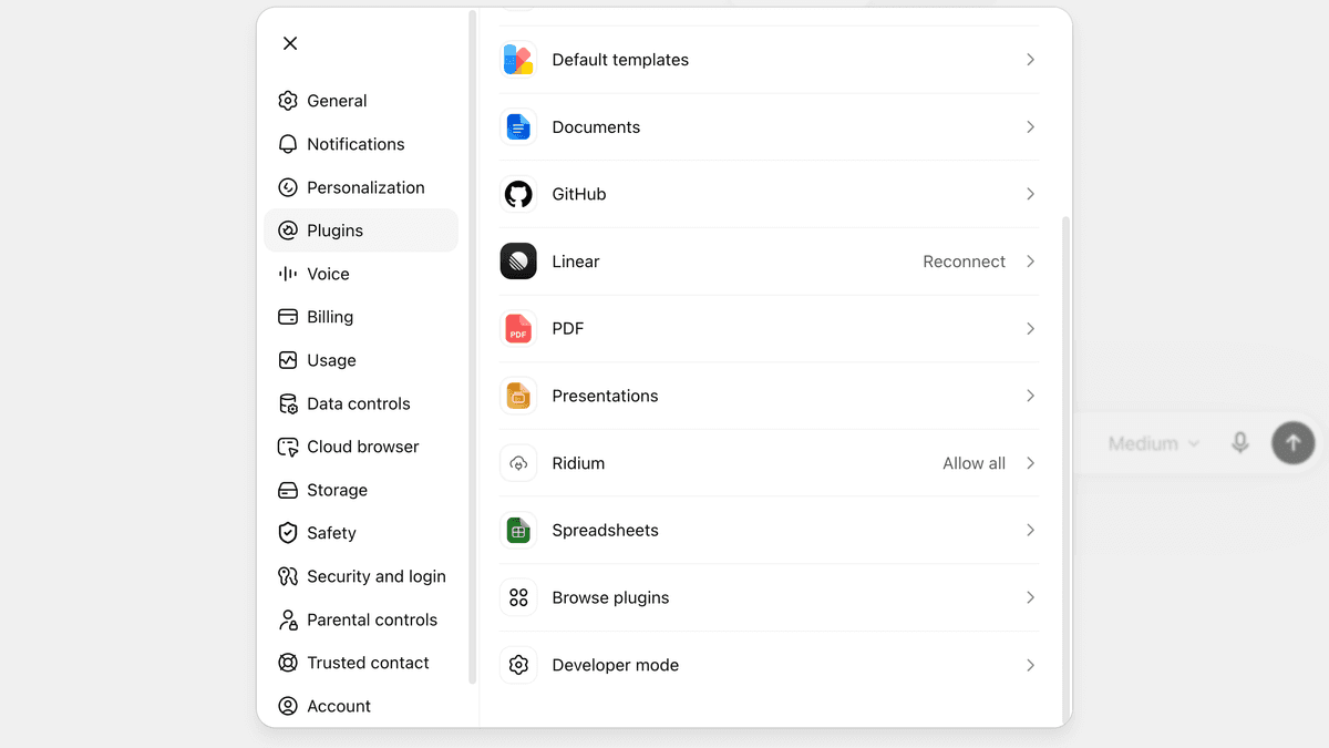 Écran de configuration du connecteur ChatGPT avec Ridium dans la liste.
