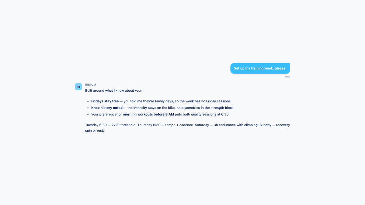 Un momento di chat in cui il coach applica una limitazione ricordata ("dato che preferisci le sessioni al mattino…").