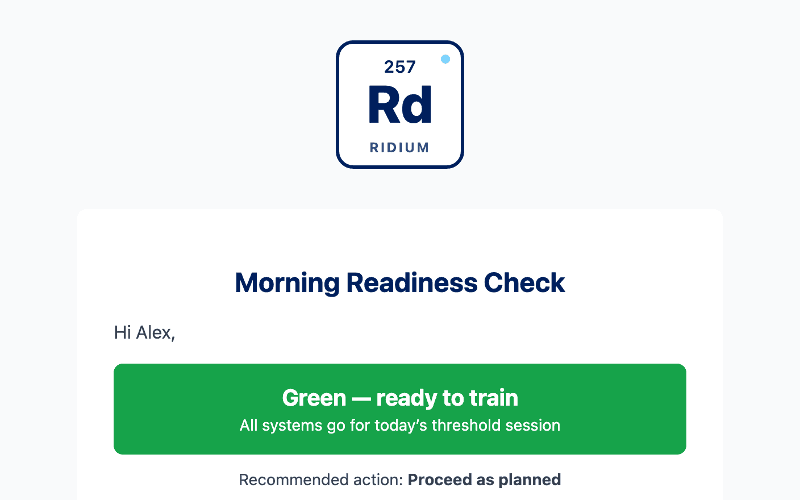 El email de readiness (veredicto verde) tal como se ve en una bandeja de entrada.