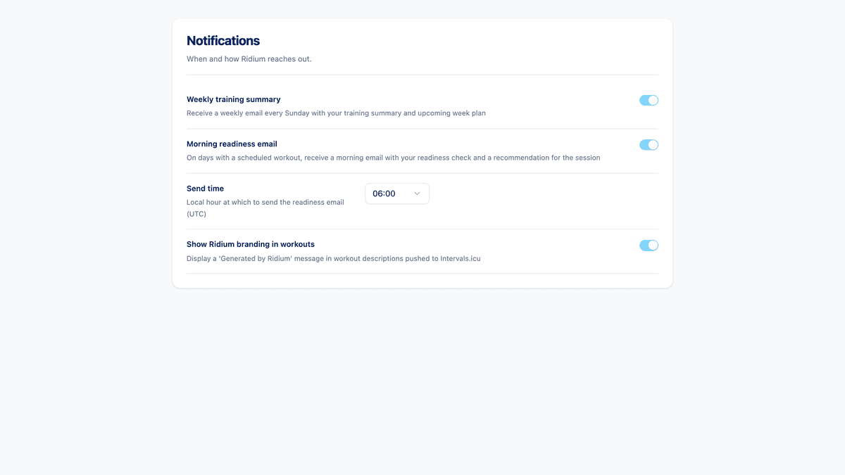 Los ajustes de notificaciones con el interruptor de readiness y el selector de hora.