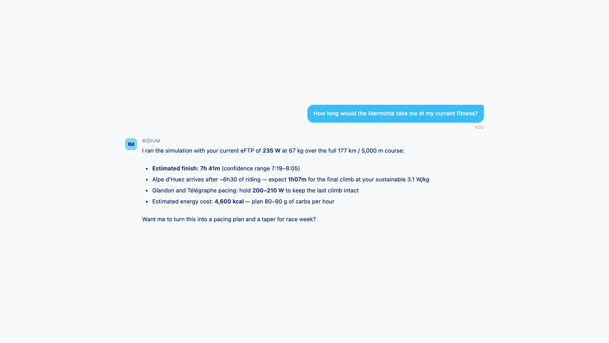 Uma mensagem de chat onde o coach executa uma simulação para um evento objetivo.